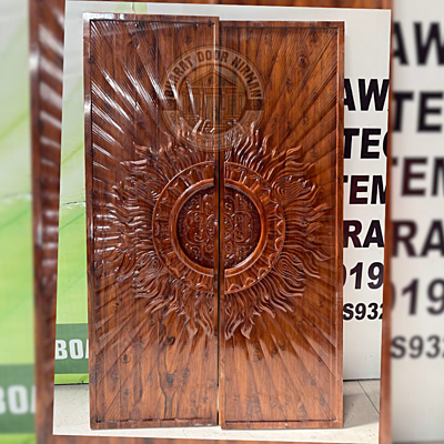 Double Teak Wood 3D Design Door with PU Polish – Sunburst Carving (2.5ft x 8ft each panel) Double Teak Wood 3D Design Door with PU Polish – Sunburst Carving (2.5ft x 8ft each panel)